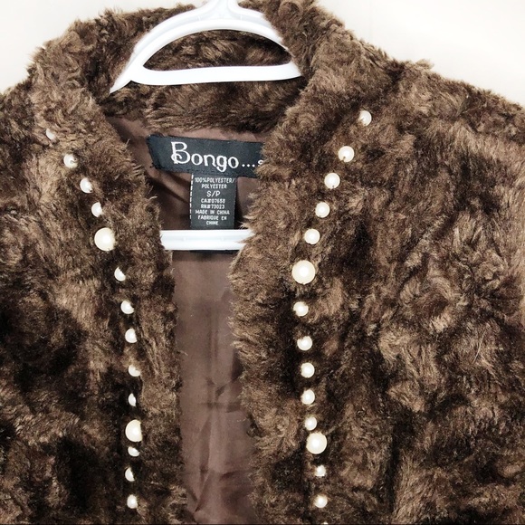 Bongo Faux Fur Vest Pearl Dark Brown Crop Jacket - Picture 3 of 8